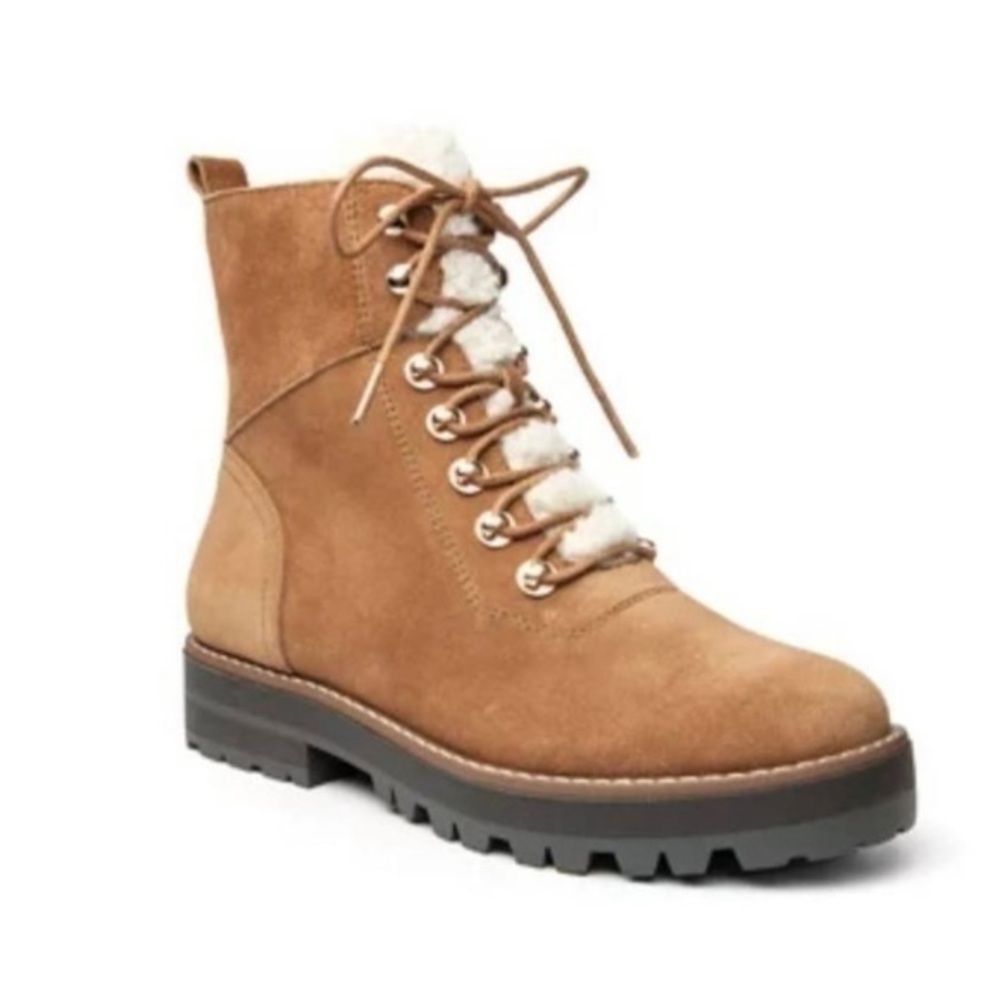 Crown & Ivy NEW Naomi Tan Suede Leather Shearling Lace Up Ankle Boots Size 7